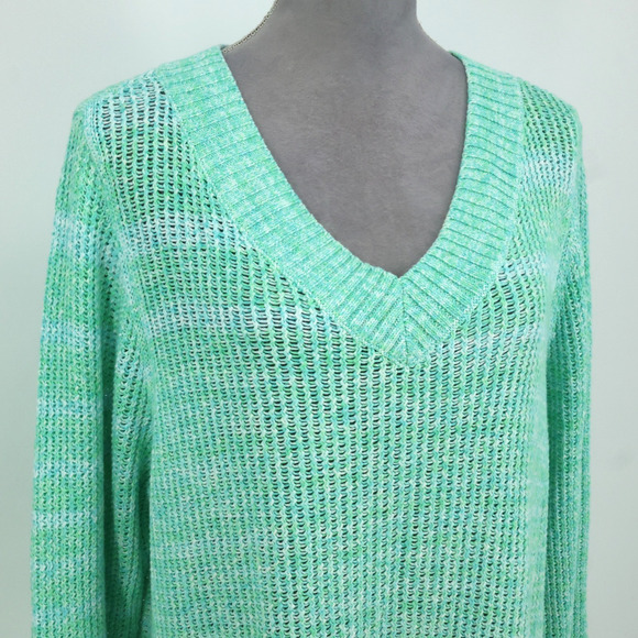 Talbots Sweater Plus Size 2X Green Cotton Chunky Knit Tunic Pullover V neck - Picture 7 of 11